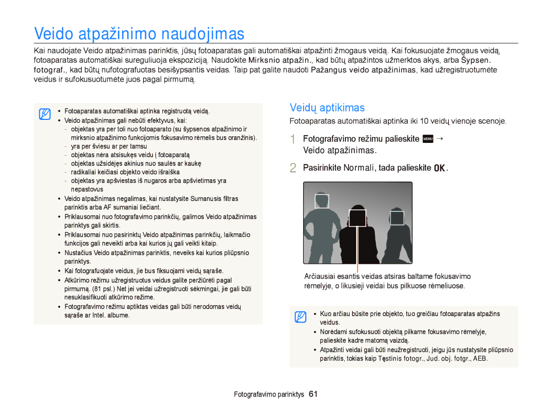 Samsung EC-ST95ZZBPSE2 Veido atpažinimo naudojimas, Veidų aptikimas, Fotografavimo režimu palieskite m “ Veido atpažinimas 