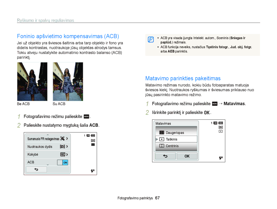 Samsung EC-ST95ZZBPSE2, EC-ST95ZZBPOE2, EC-ST95ZZBPBE2 Foninio apšvietimo kompensavimas ACB, Matavimo parinkties pakeitimas 