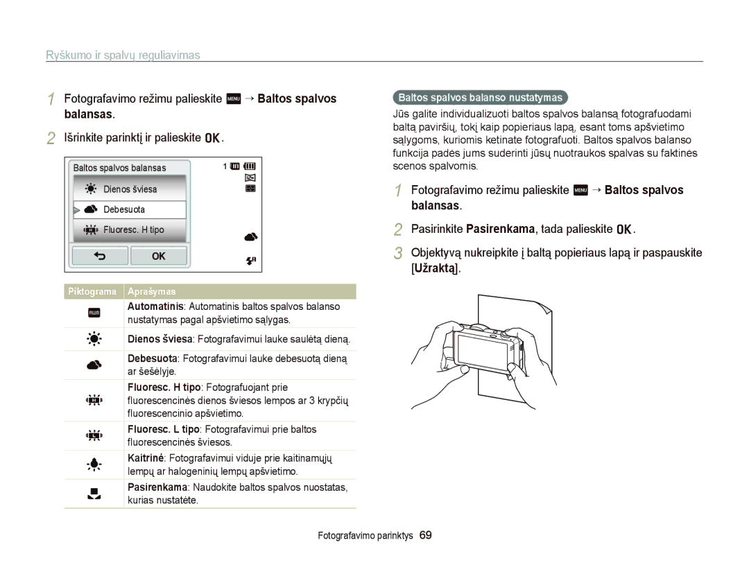 Samsung EC-ST95ZZBPBE2, EC-ST95ZZBPOE2 manual Fotografavimo režimu palieskite m “ Baltos spalvos balansas, Balansas, Užraktą 