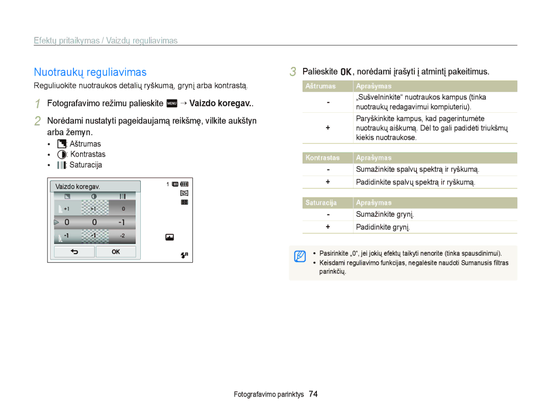 Samsung EC-ST95ZZBPOE2, EC-ST95ZZBPBE2, EC-ST95ZZBPSE2 manual Nuotraukų reguliavimas 