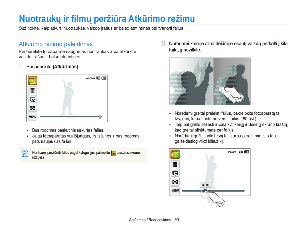 Samsung EC-ST95ZZBPSE2 manual Nuotraukų ir ﬁlmų peržiūra Atkūrimo režimu, Atkūrimo režimo paleidimas, Paspauskite Atkūrimas 