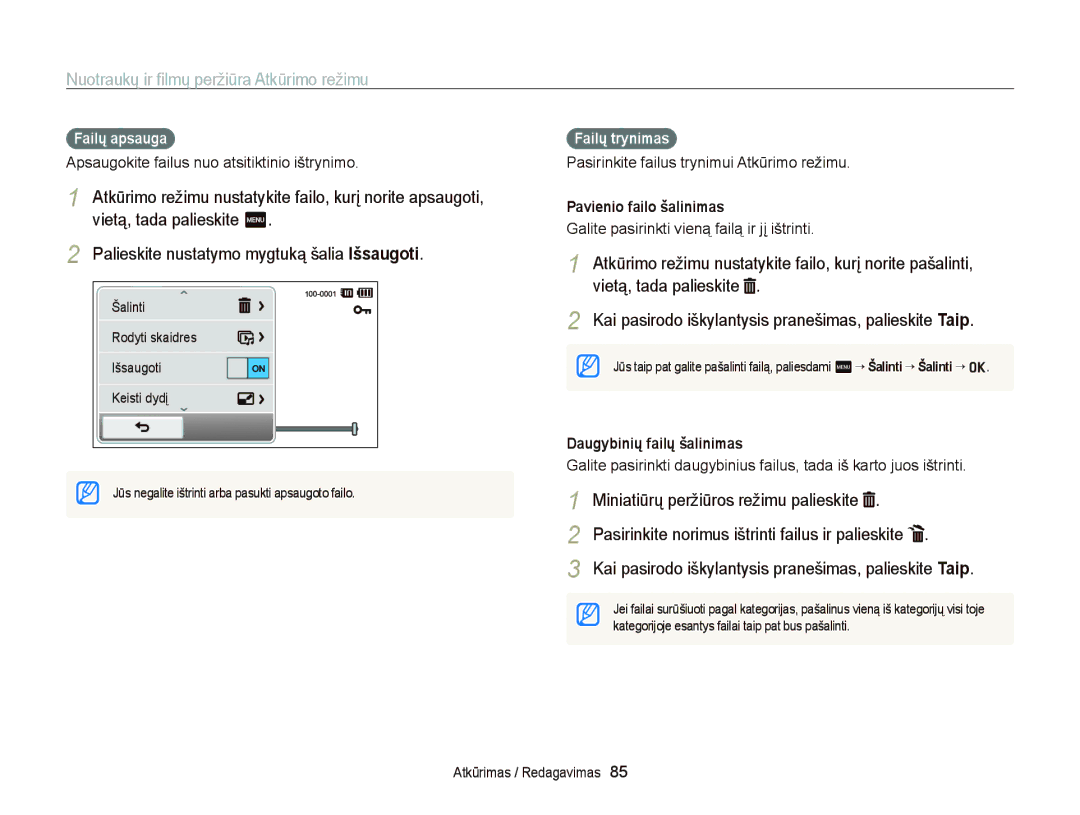 Samsung EC-ST95ZZBPSE2, EC-ST95ZZBPOE2 manual Palieskite nustatymo mygtuką šalia Išsaugoti, Failų apsauga, Failų trynimas 