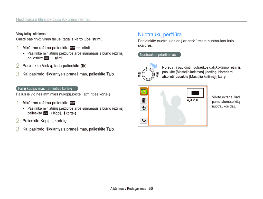 Samsung EC-ST95ZZBPOE2 manual Nuotraukų peržiūra, Atkūrimo režimu palieskite m “ Šalinti, Palieskite Kopij. į kortelę 