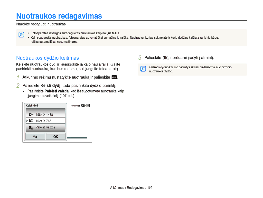 Samsung EC-ST95ZZBPSE2, EC-ST95ZZBPOE2, EC-ST95ZZBPBE2 manual Nuotraukos redagavimas, Nuotraukos dydžio keitimas 