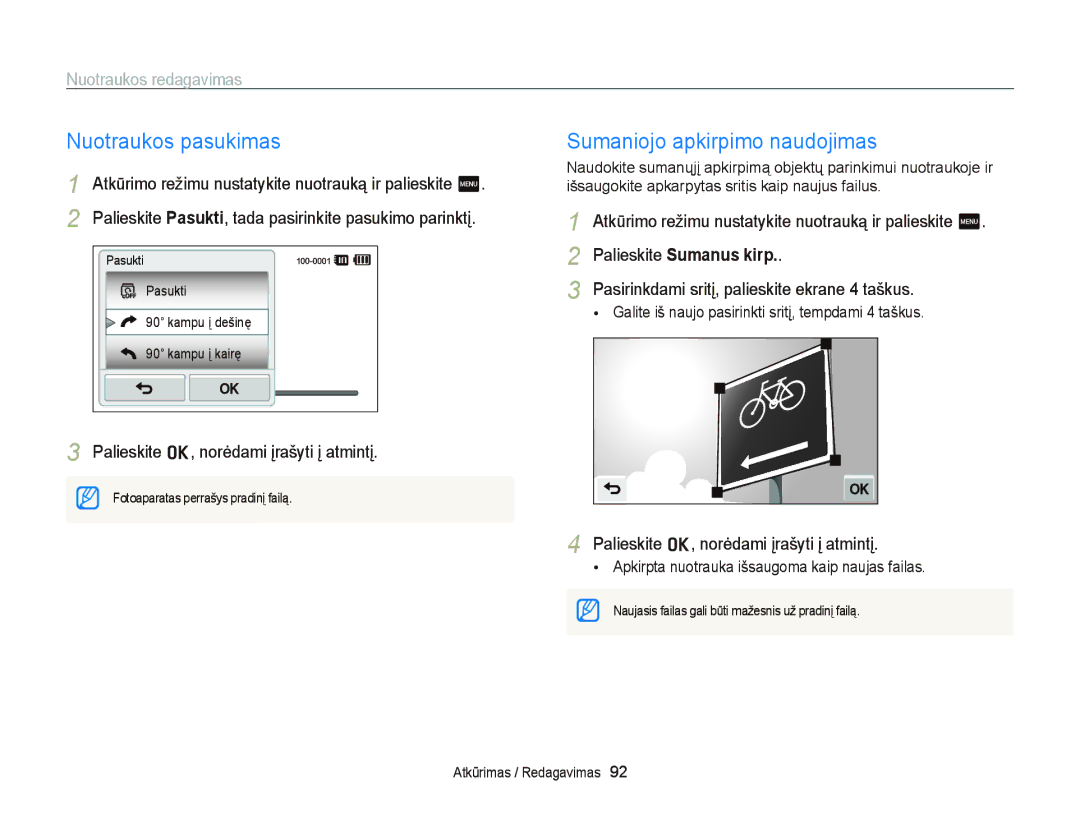 Samsung EC-ST95ZZBPOE2, EC-ST95ZZBPBE2 manual Nuotraukos pasukimas, Sumaniojo apkirpimo naudojimas, Nuotraukos redagavimas 