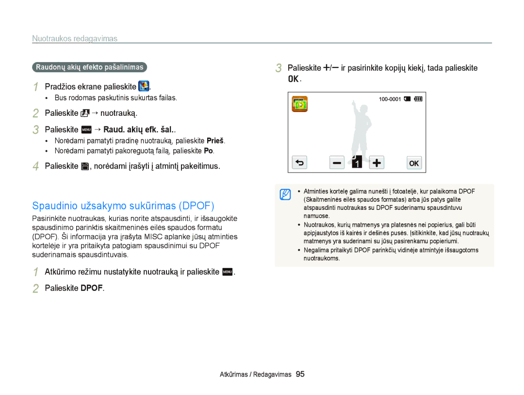 Samsung EC-ST95ZZBPOE2 manual Spaudinio užsakymo sukūrimas Dpof, Palieskite “ nuotrauką, Raudonų akių efekto pašalinimas 