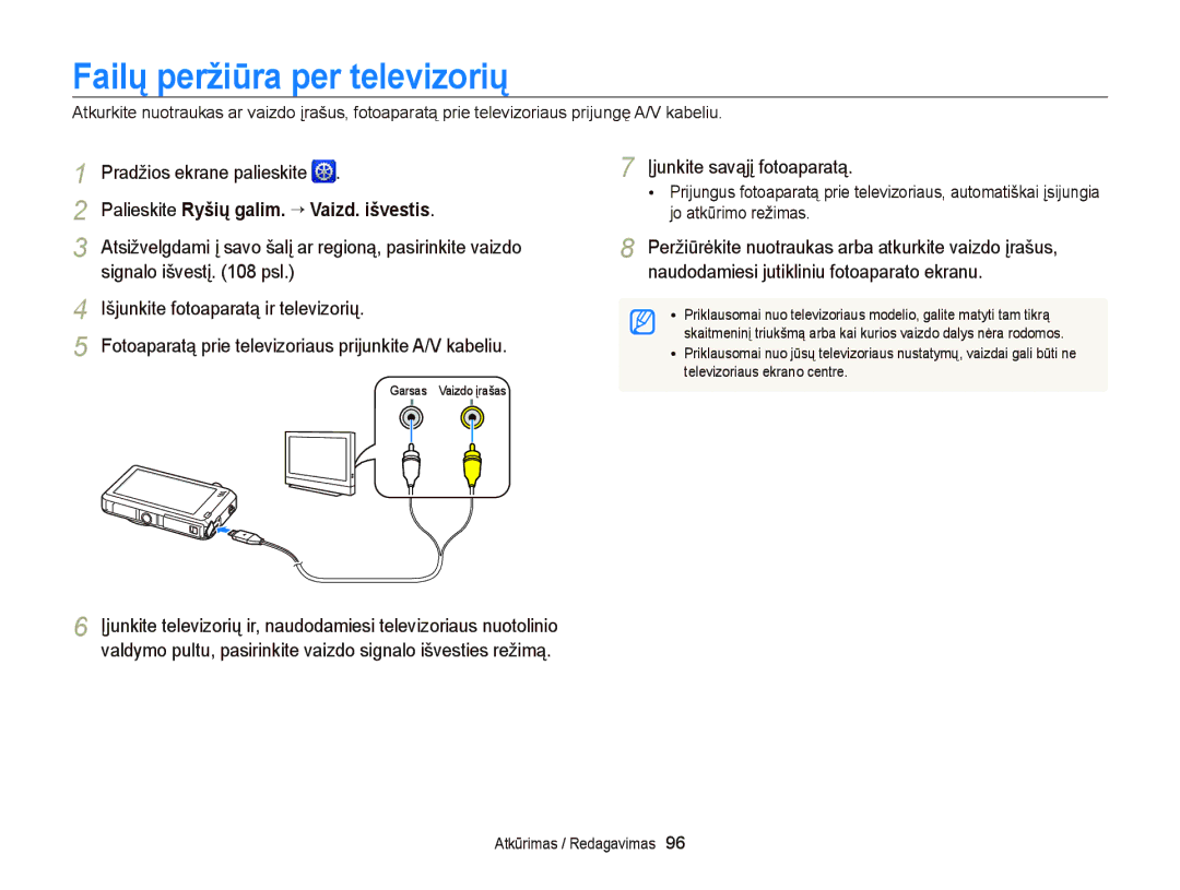 Samsung EC-ST95ZZBPBE2, EC-ST95ZZBPOE2 manual Failų peržiūra per televizorių, Palieskite Ryšių galim. “ Vaizd. išvestis 