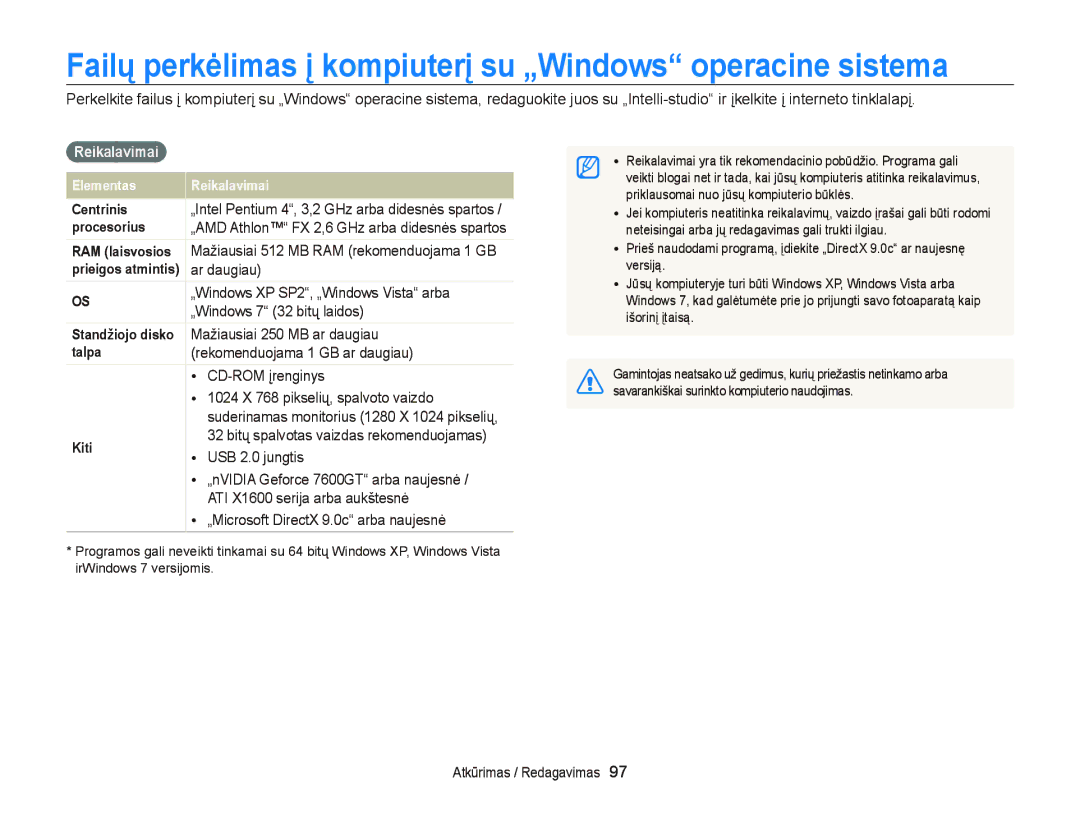 Samsung EC-ST95ZZBPSE2, EC-ST95ZZBPOE2 manual Failų perkėlimas į kompiuterį su „Windows operacine sistema, Reikalavimai 