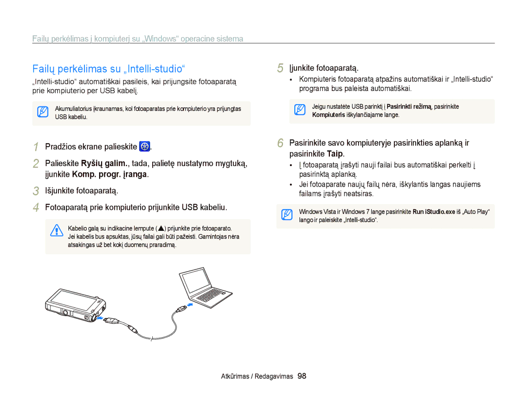 Samsung EC-ST95ZZBPOE2 Failų perkėlimas su „Intelli-studio, Failų perkėlimas į kompiuterį su „Windows operacine sistema 