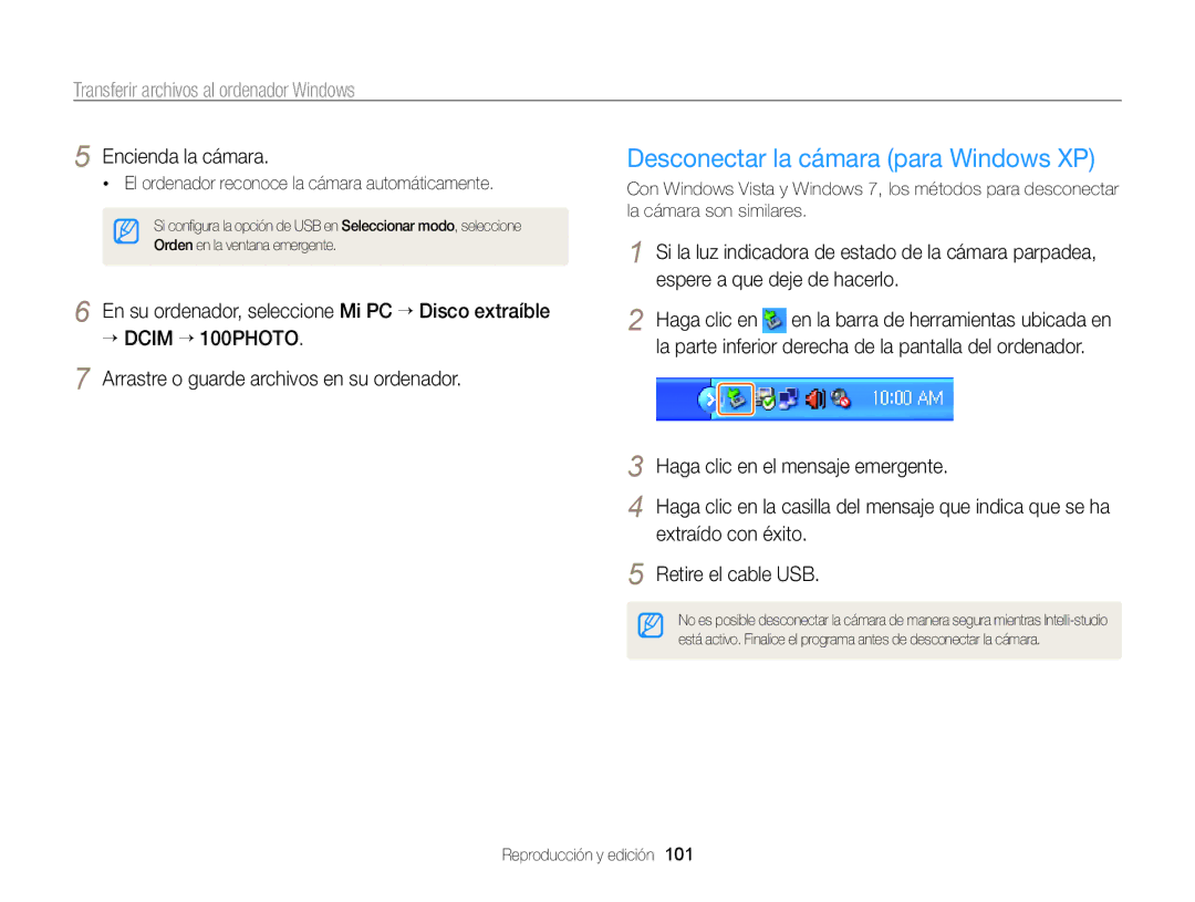 Samsung EC-ST95ZZBPBE1 manual Desconectar la cámara para Windows XP, Haga clic en el mensaje emergente, Extraído con éxito 