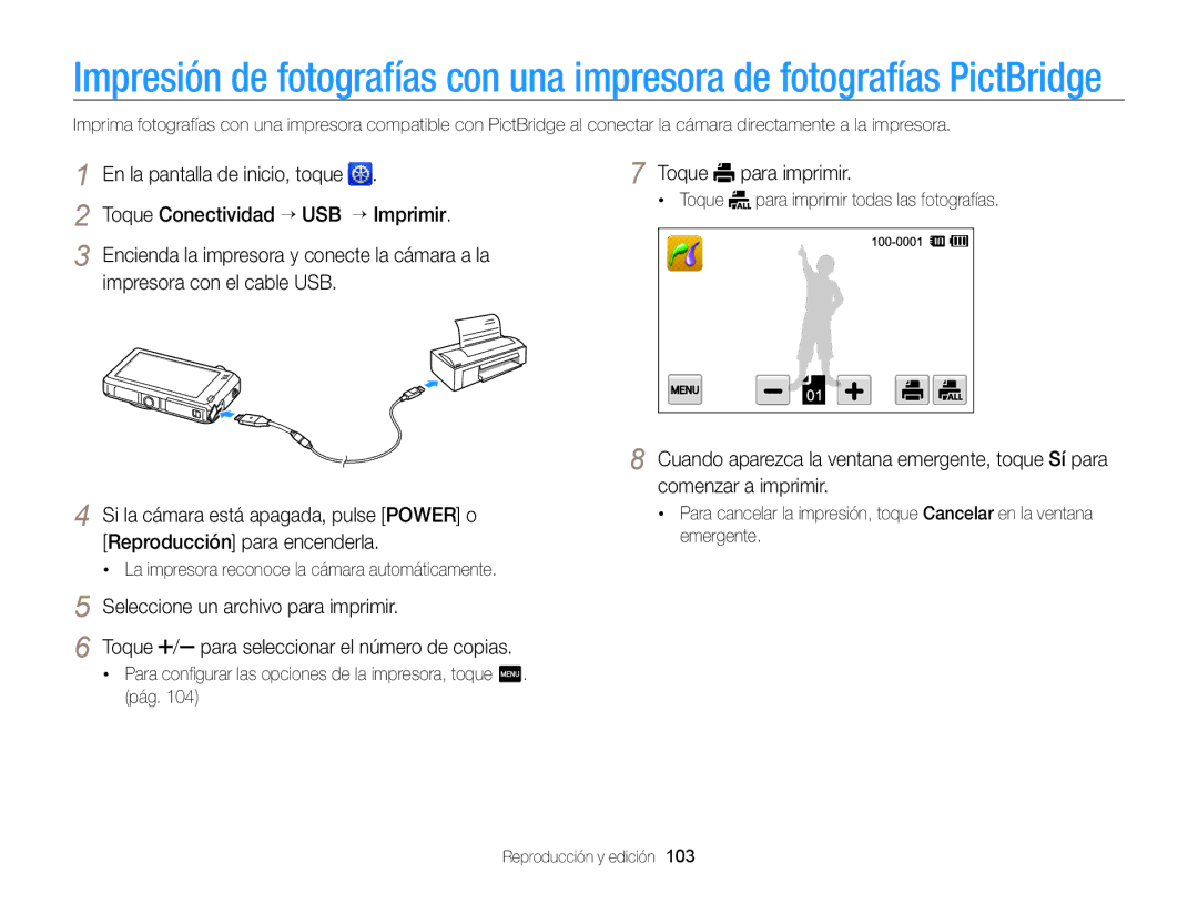 Samsung EC-ST95ZZBPPE1 manual Toque Conectividad “ USB “ Imprimir, Impresora con el cable USB, Toque para imprimir 