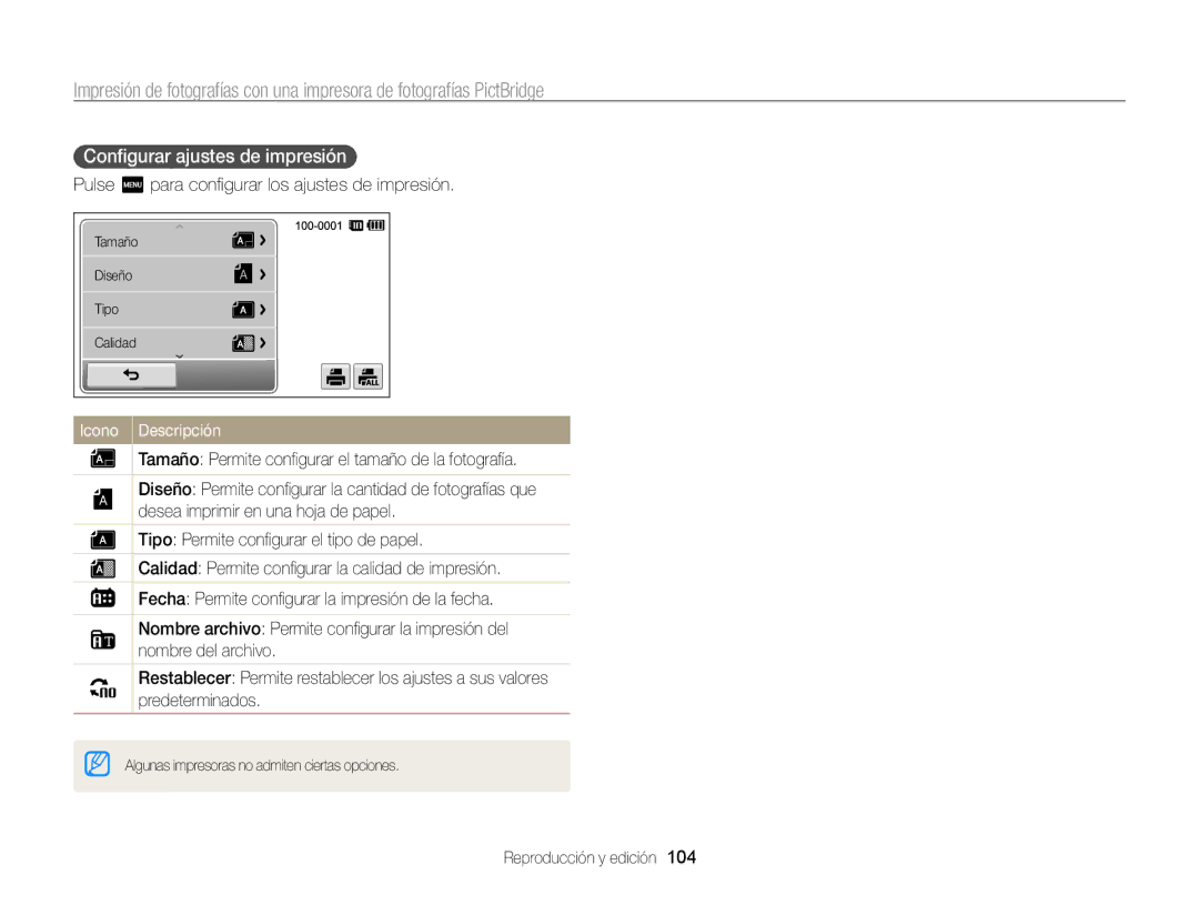 Samsung EC-ST95ZZBPLE1, EC-ST95ZZBPPE1 Conﬁgurar ajustes de impresión, Pulse m para conﬁgurar los ajustes de impresión 