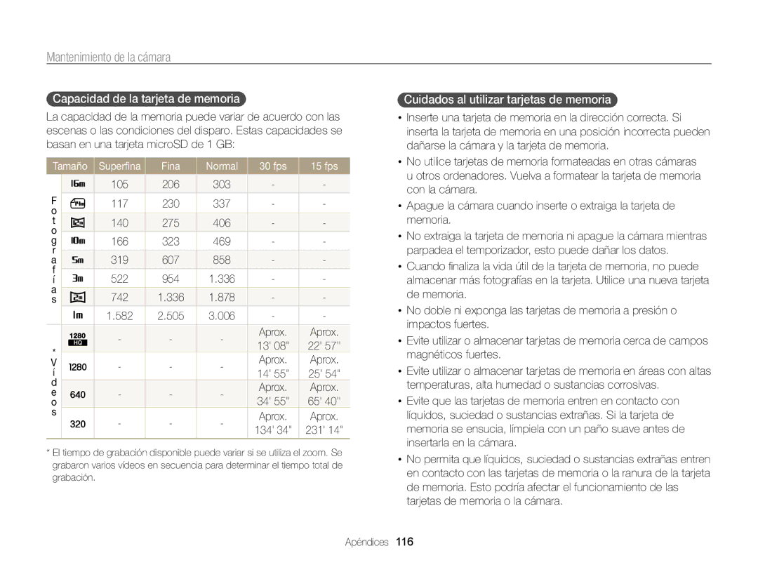 Samsung EC-ST95ZZBPLE1, EC-ST95ZZBPPE1 manual Capacidad de la tarjeta de memoria, Cuidados al utilizar tarjetas de memoria 