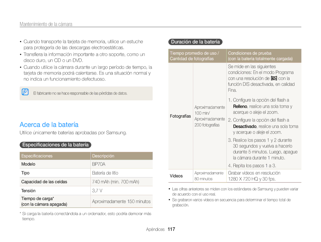 Samsung EC-ST95ZZBPBE1, EC-ST95ZZBPPE1 manual Acerca de la batería, Especiﬁcaciones de la batería, Duración de la batería 