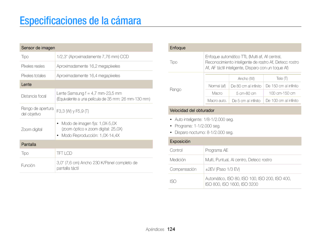 Samsung EC-ST95ZZBPLE1, EC-ST95ZZBPPE1, EC-ST95ZZBPBE1, EC-ST95ZZBPOE1 manual Especiﬁcaciones de la cámara 