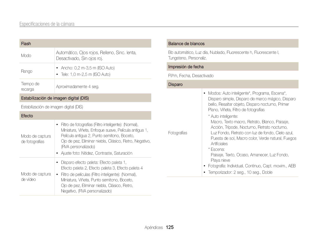 Samsung EC-ST95ZZBPBE1, EC-ST95ZZBPPE1, EC-ST95ZZBPLE1, EC-ST95ZZBPOE1 manual Especiﬁcaciones de la cámara 