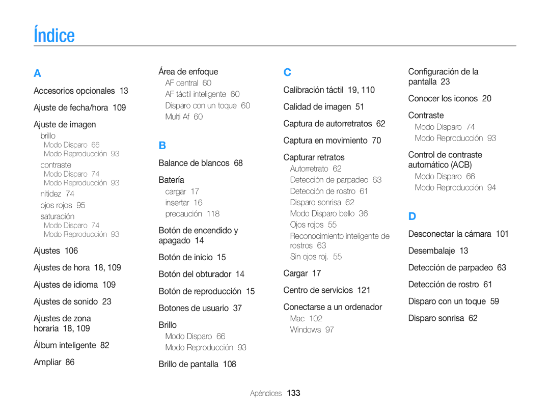 Samsung EC-ST95ZZBPBE1, EC-ST95ZZBPPE1, EC-ST95ZZBPLE1, EC-ST95ZZBPOE1 manual Índice 