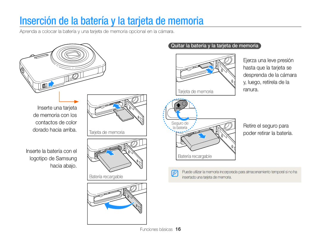 Samsung EC-ST95ZZBPLE1 manual Inserción de la batería y la tarjeta de memoria, Quitar la batería y la tarjeta de memoria 