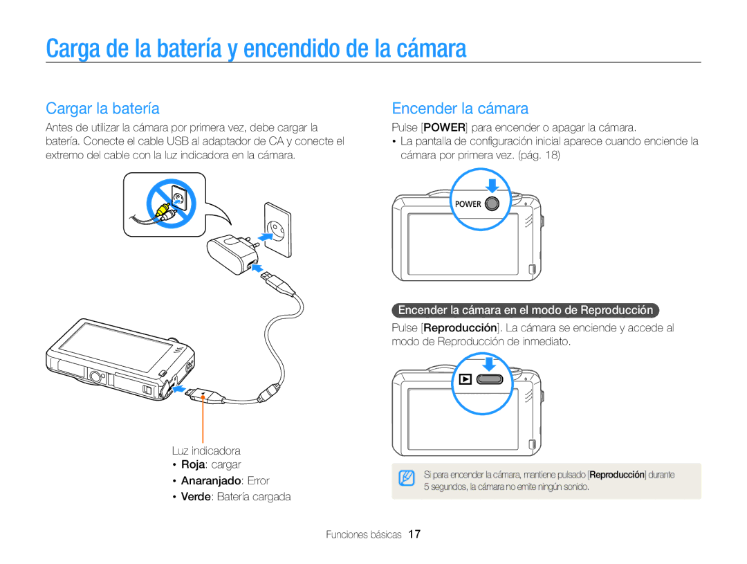 Samsung EC-ST95ZZBPBE1, EC-ST95ZZBPPE1 Carga de la batería y encendido de la cámara, Cargar la batería, Encender la cámara 