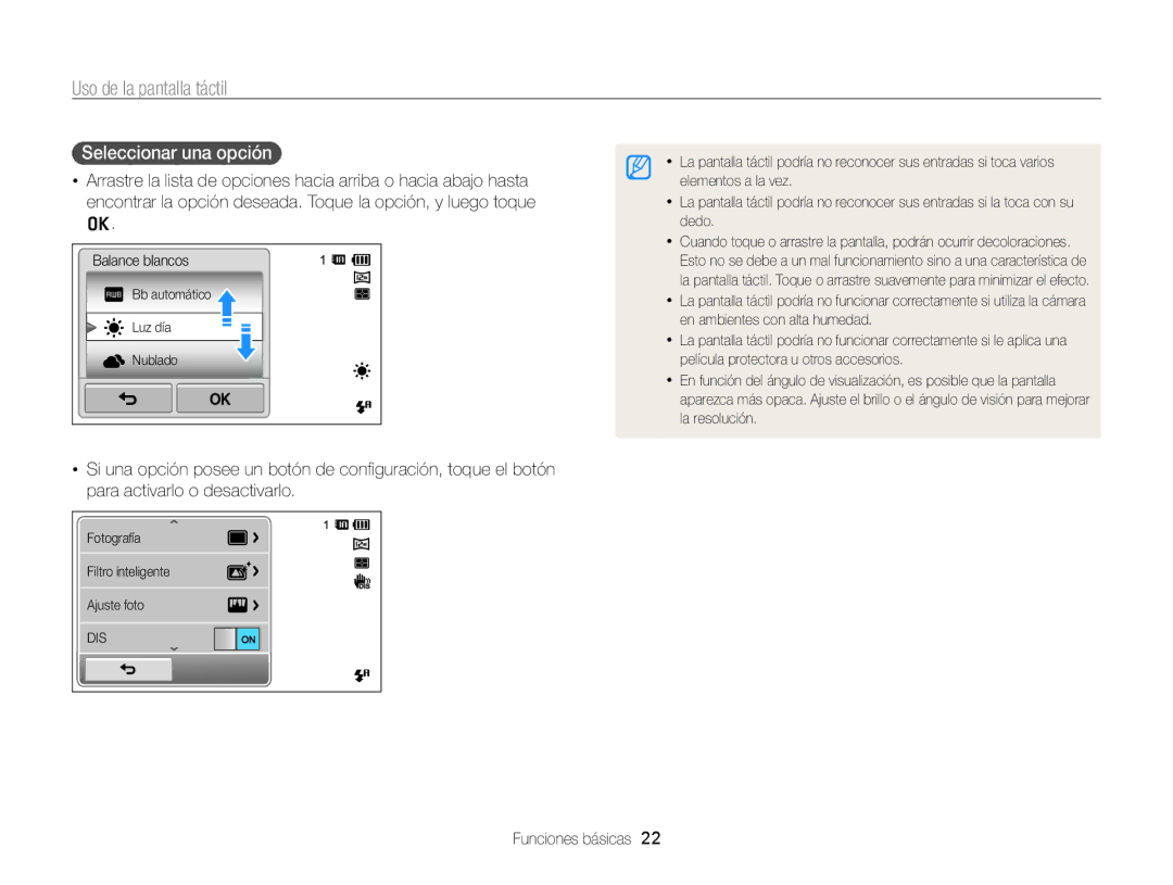 Samsung EC-ST95ZZBPOE1, EC-ST95ZZBPPE1, EC-ST95ZZBPLE1, EC-ST95ZZBPBE1 Uso de la pantalla táctil, Seleccionar una opción 