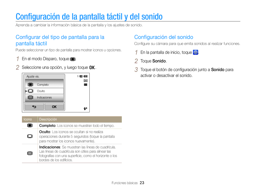 Samsung EC-ST95ZZBPPE1, EC-ST95ZZBPLE1 manual Conﬁguración de la pantalla táctil y del sonido, Conﬁguración del sonido 