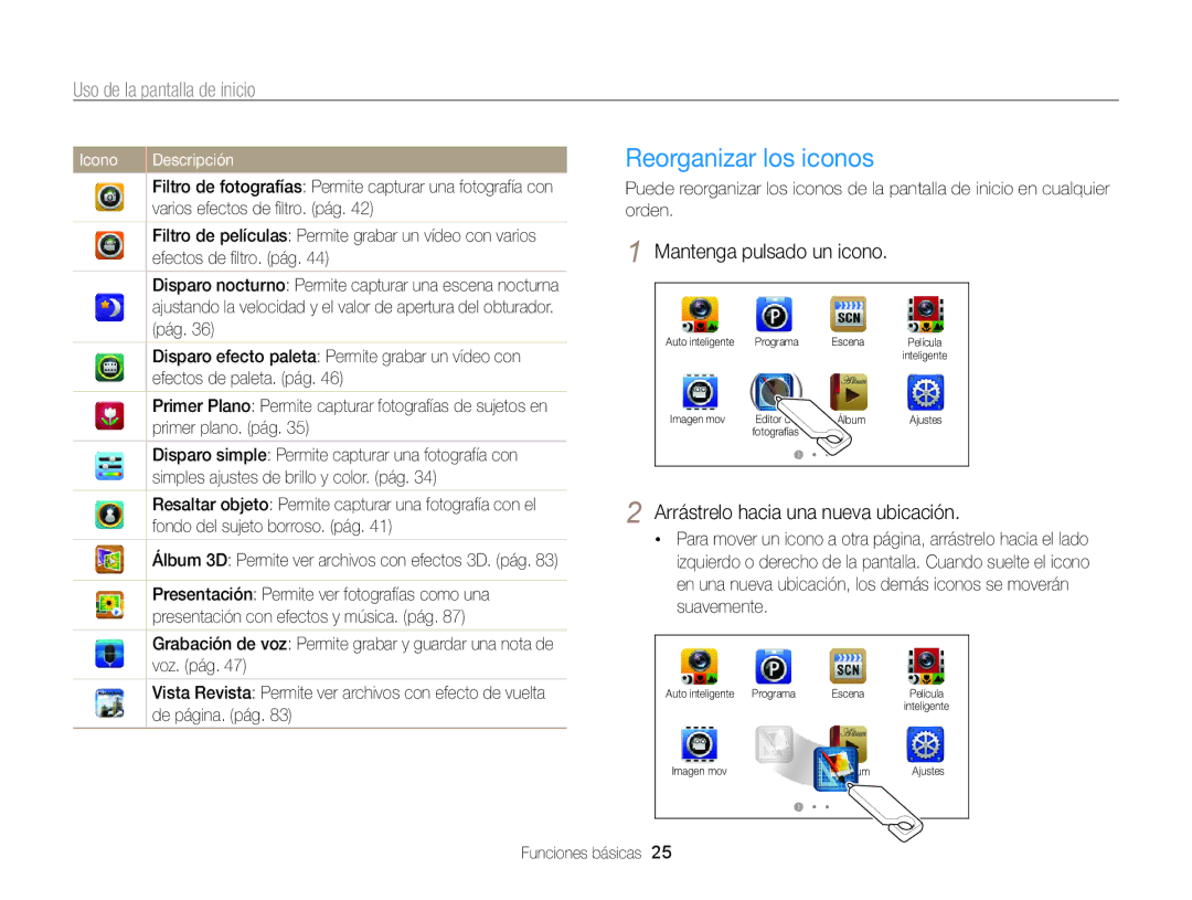 Samsung EC-ST95ZZBPBE1, EC-ST95ZZBPPE1 Reorganizar los iconos, Uso de la pantalla de inicio, Mantenga pulsado un icono 