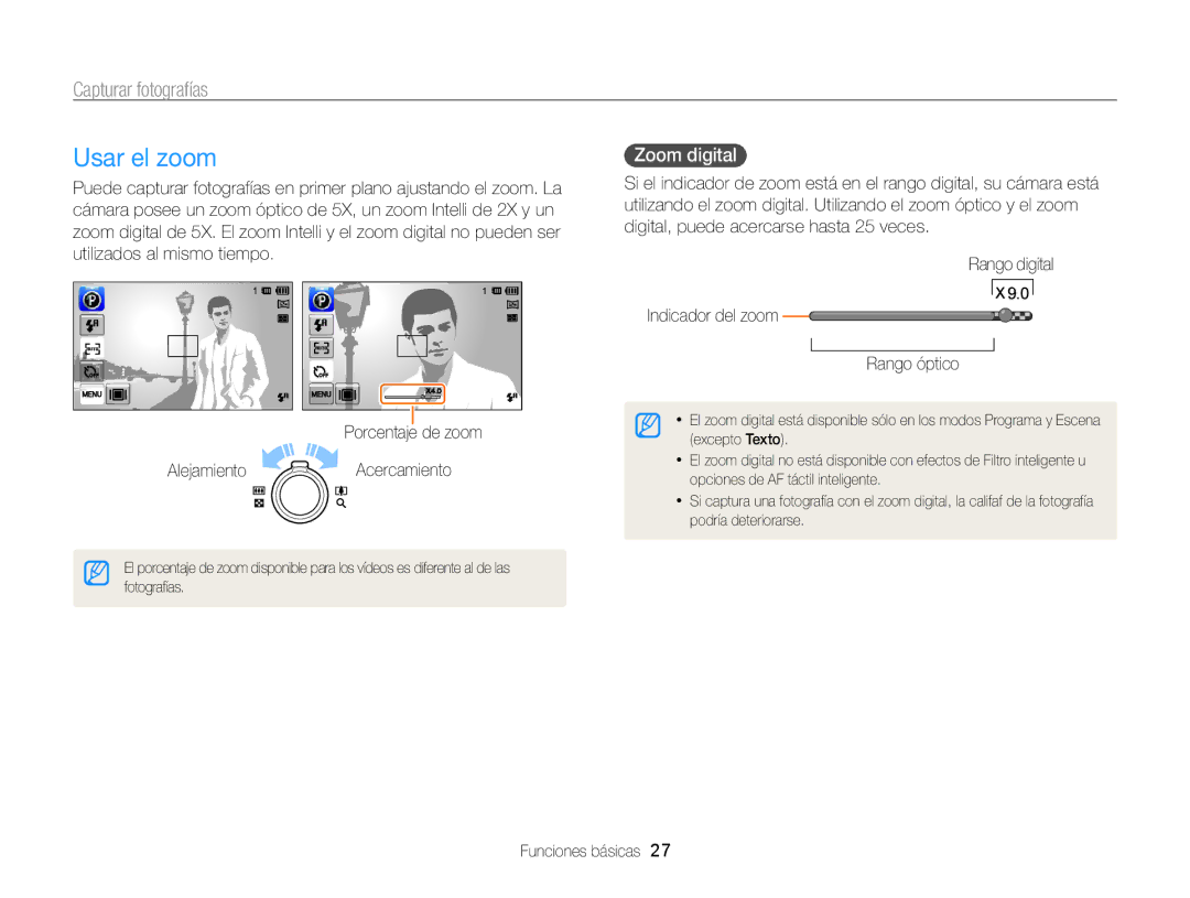 Samsung EC-ST95ZZBPPE1, EC-ST95ZZBPLE1, EC-ST95ZZBPBE1, EC-ST95ZZBPOE1 manual Usar el zoom, Capturar fotografías, Zoom digital 