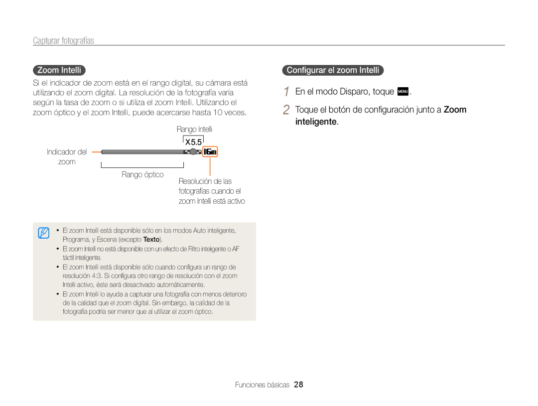 Samsung EC-ST95ZZBPLE1 manual Zoom Intelli, Conﬁgurar el zoom Intelli, Rango Intelli Indicador del Zoom Rango óptico 