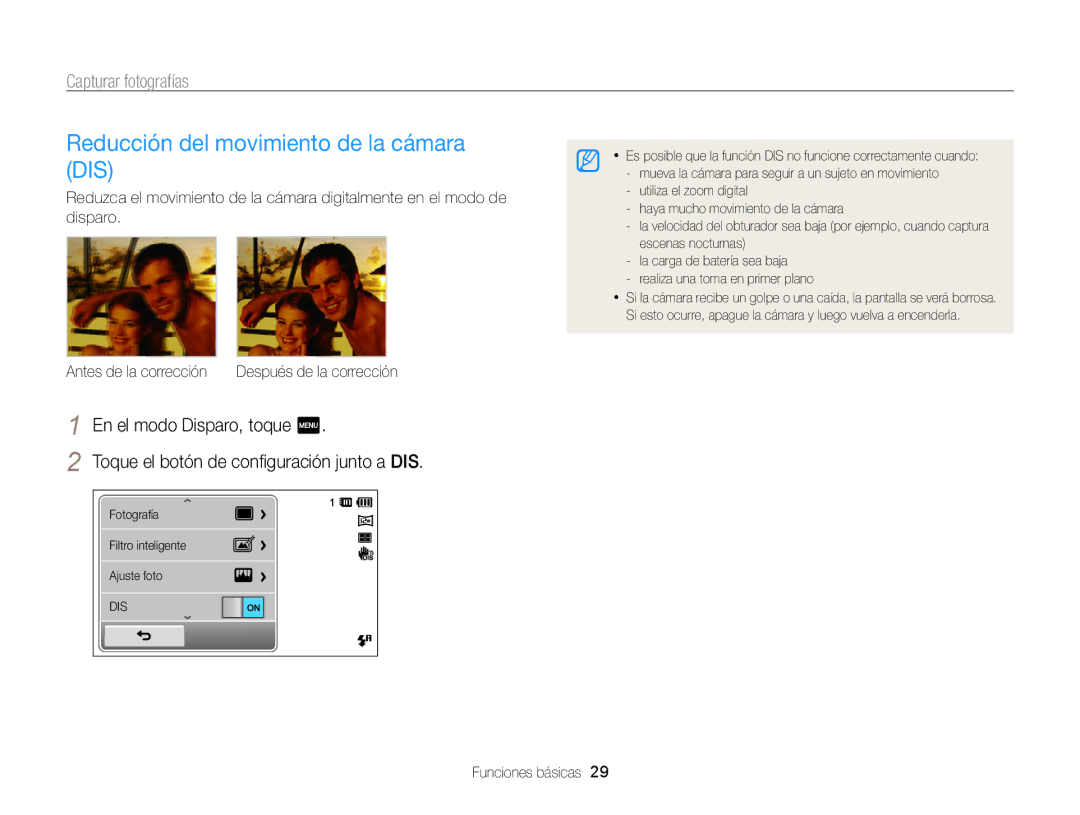 Samsung EC-ST95ZZBPBE1, EC-ST95ZZBPPE1, EC-ST95ZZBPLE1, EC-ST95ZZBPOE1 manual Reducción del movimiento de la cámara DIS 