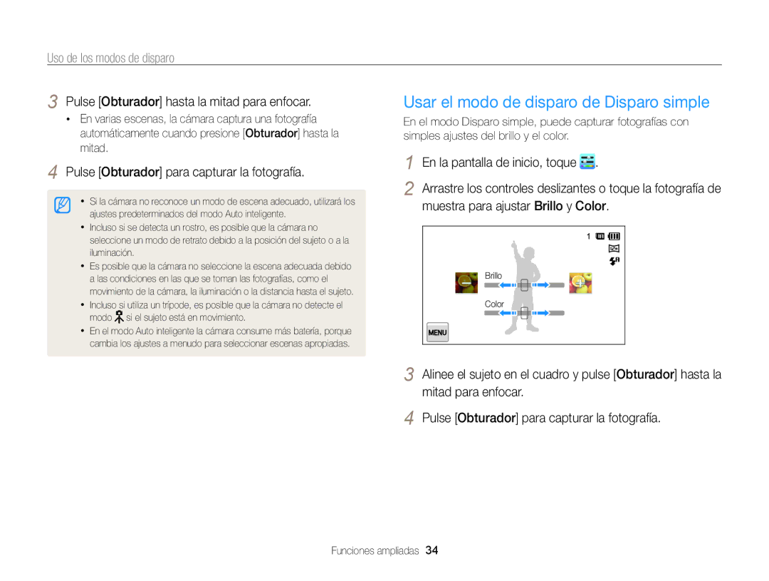 Samsung EC-ST95ZZBPOE1, EC-ST95ZZBPPE1 manual Usar el modo de disparo de Disparo simple, Uso de los modos de disparo 