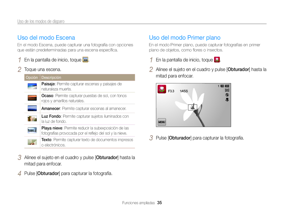 Samsung EC-ST95ZZBPPE1, EC-ST95ZZBPLE1, EC-ST95ZZBPBE1 Uso del modo Escena, Uso del modo Primer plano, Mitad para enfocar 