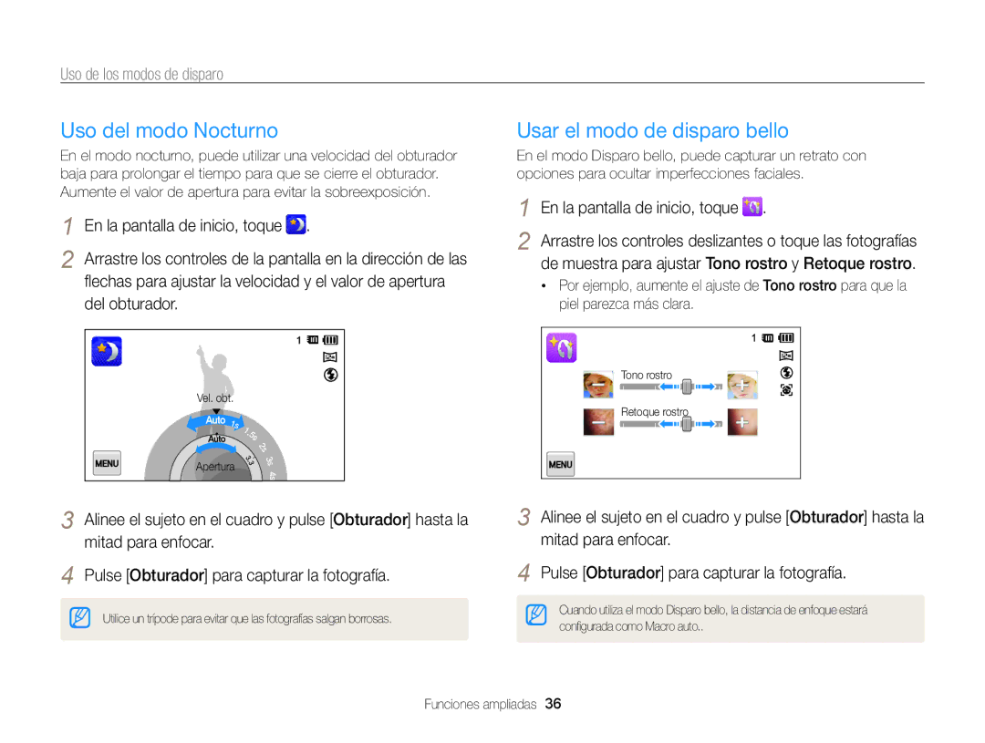Samsung EC-ST95ZZBPLE1, EC-ST95ZZBPPE1, EC-ST95ZZBPBE1 Uso del modo Nocturno, Usar el modo de disparo bello, Del obturador 