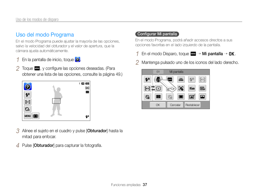 Samsung EC-ST95ZZBPBE1, EC-ST95ZZBPPE1, EC-ST95ZZBPLE1, EC-ST95ZZBPOE1 manual Uso del modo Programa, Conﬁgurar Mi pantalla 