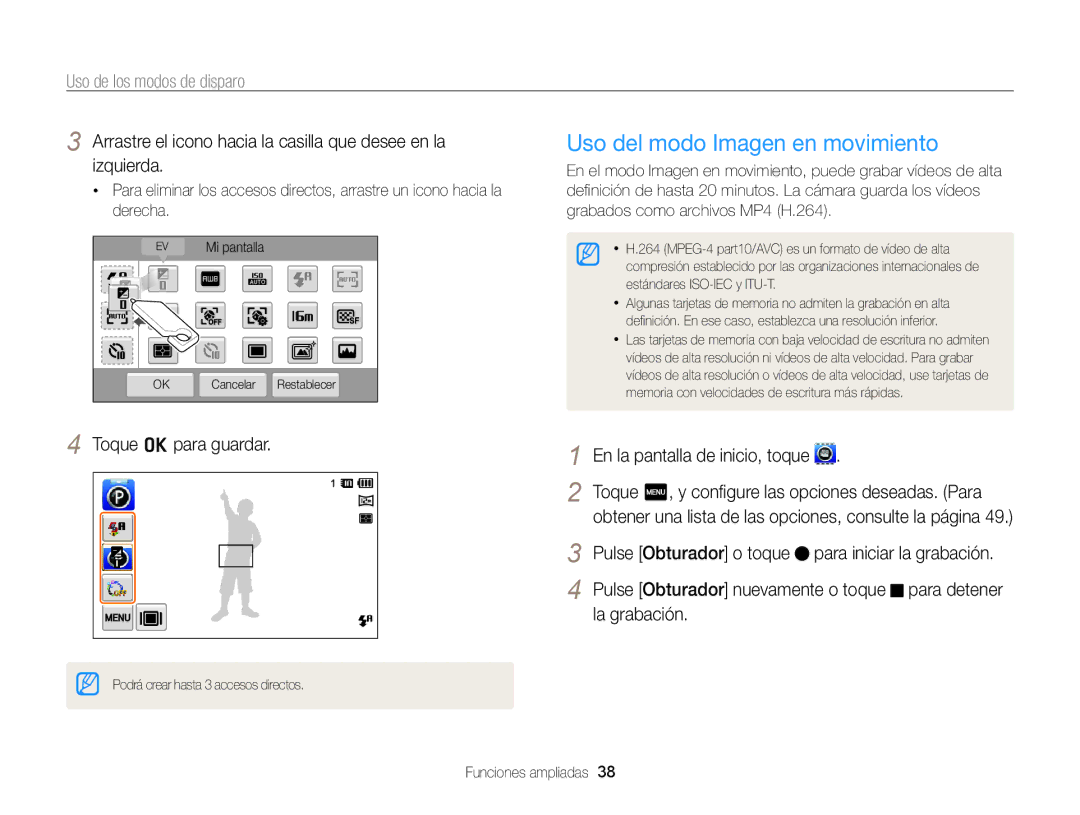 Samsung EC-ST95ZZBPOE1 Uso del modo Imagen en movimiento, Arrastre el icono hacia la casilla que desee en la izquierda 