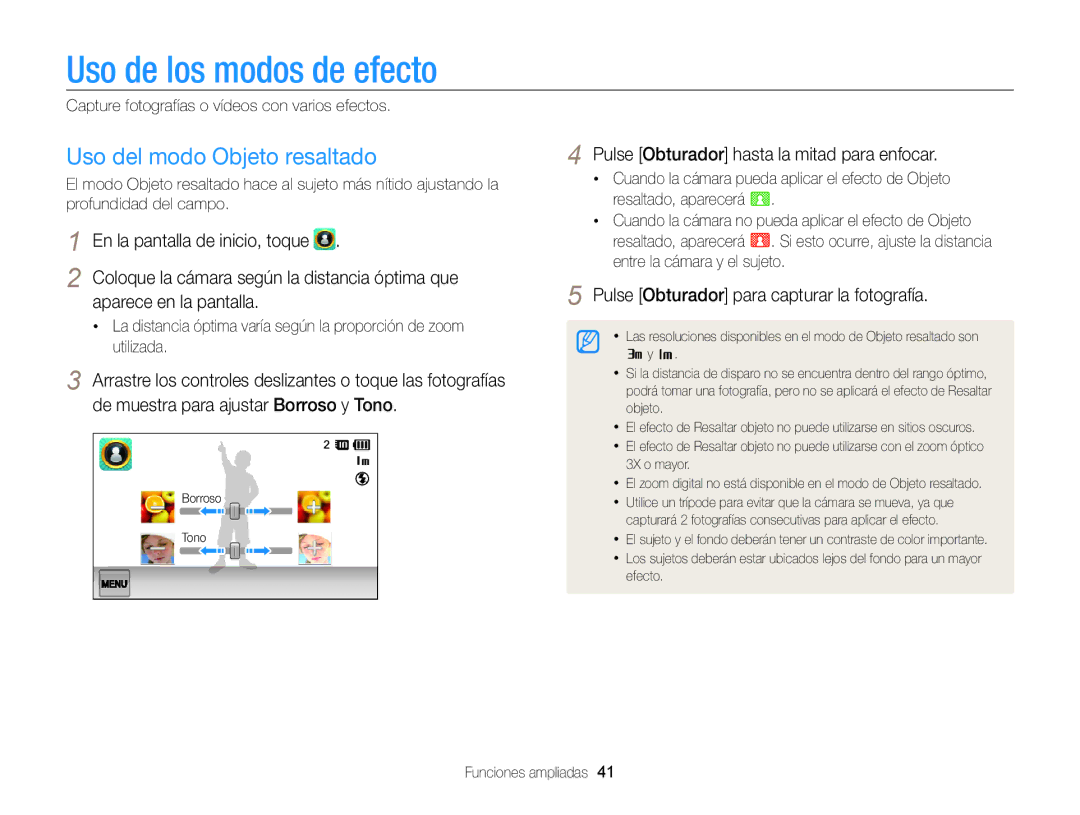 Samsung EC-ST95ZZBPBE1, EC-ST95ZZBPPE1 Uso de los modos de efecto, Uso del modo Objeto resaltado, Aparece en la pantalla 