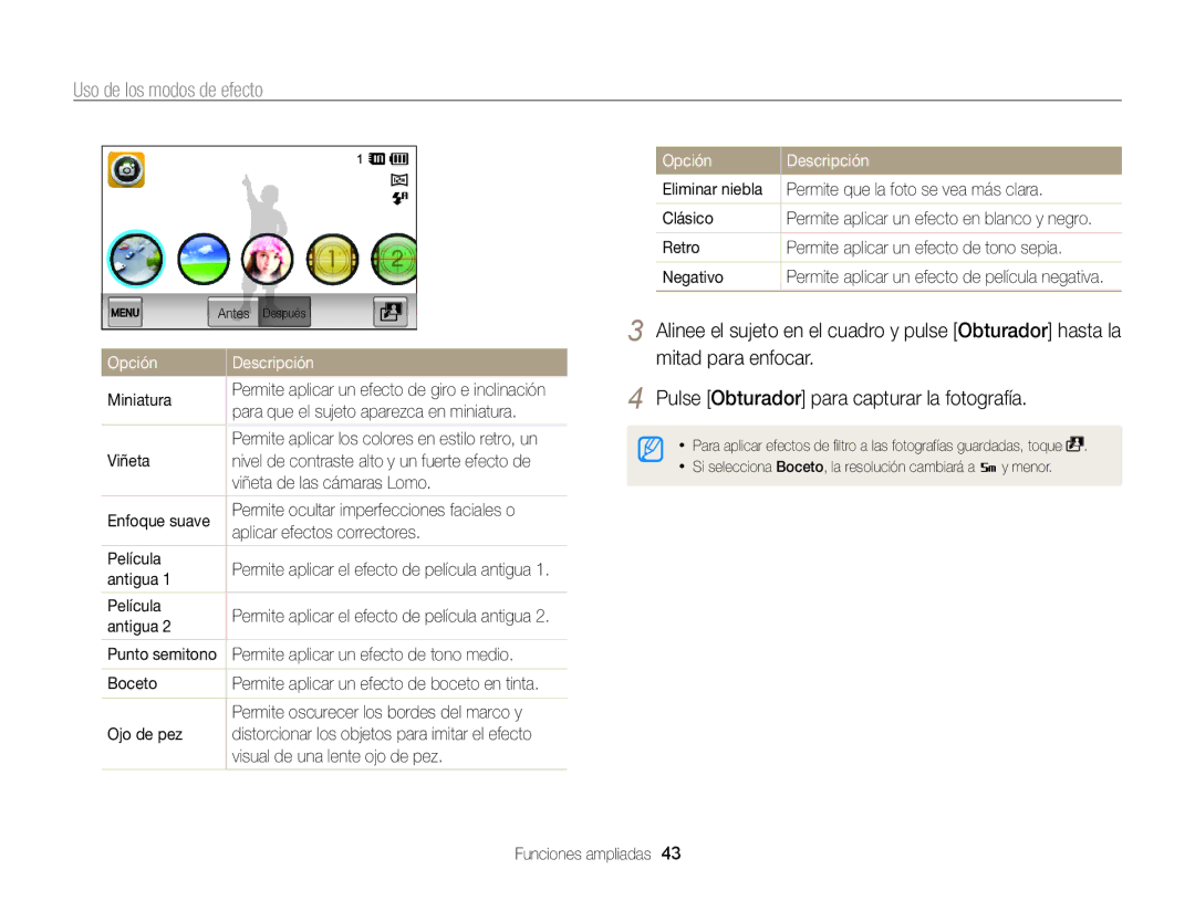 Samsung EC-ST95ZZBPPE1, EC-ST95ZZBPLE1, EC-ST95ZZBPBE1, EC-ST95ZZBPOE1 manual Opción Descripción 