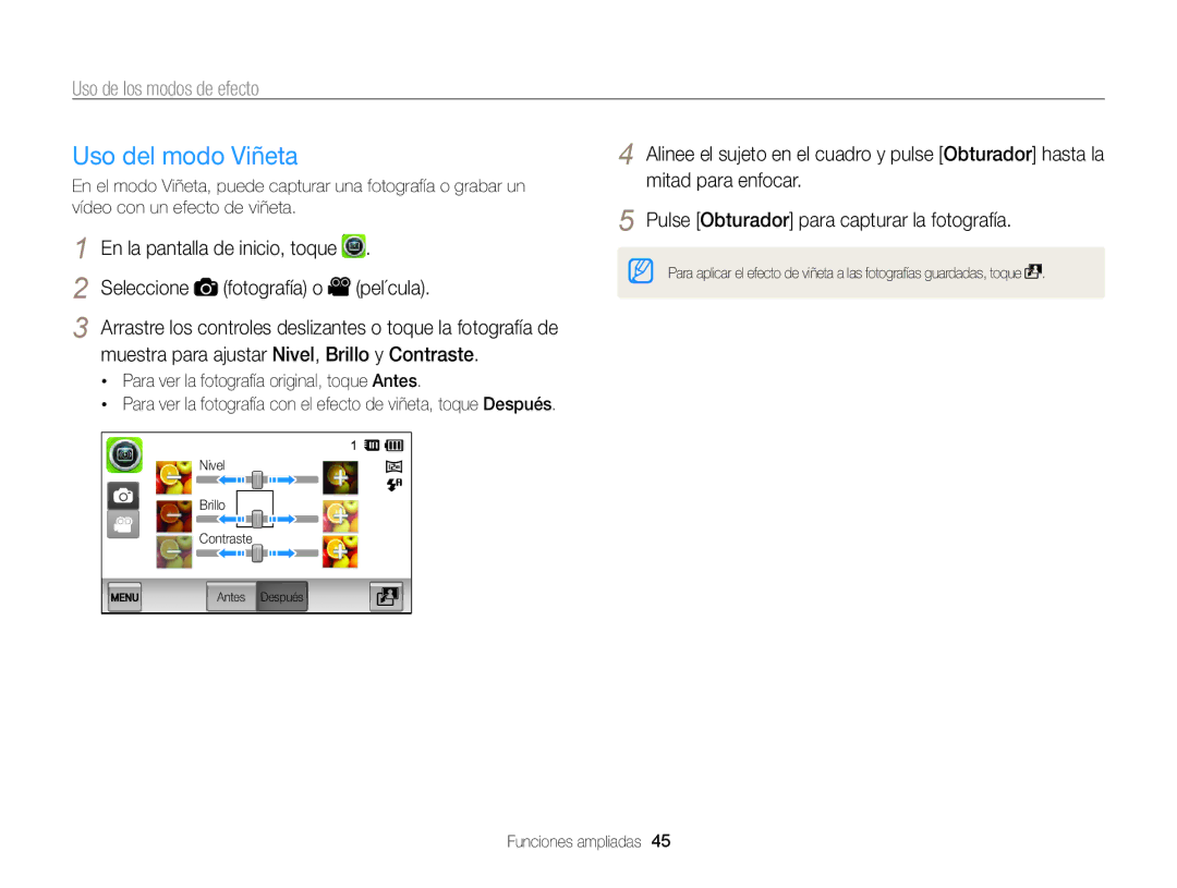 Samsung EC-ST95ZZBPBE1 manual Uso del modo Viñeta, Seleccione Fotografía o, Muestra para ajustar Nivel, Brillo y Contraste 