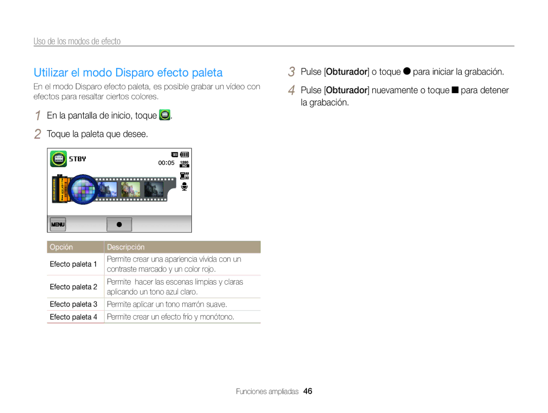 Samsung EC-ST95ZZBPOE1 manual Utilizar el modo Disparo efecto paleta, Efecto paleta, Contraste marcado y un color rojo 