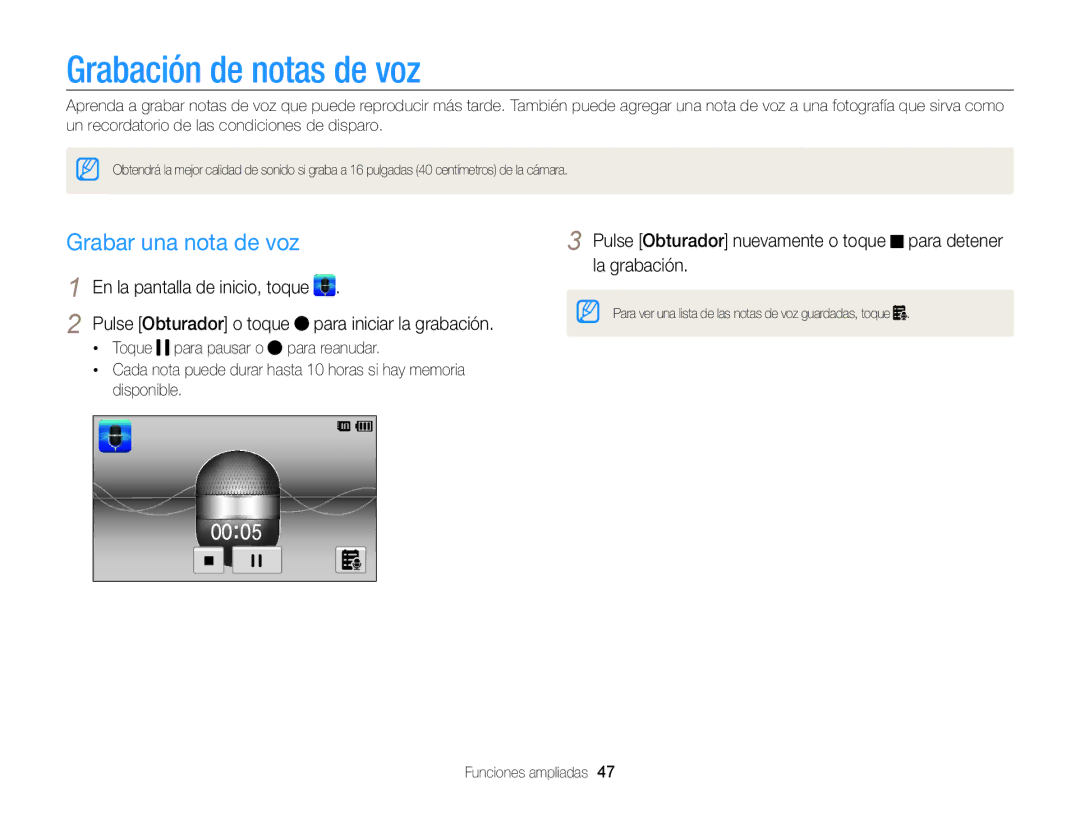 Samsung EC-ST95ZZBPPE1, EC-ST95ZZBPLE1, EC-ST95ZZBPBE1, EC-ST95ZZBPOE1 Grabación de notas de voz, Grabar una nota de voz 