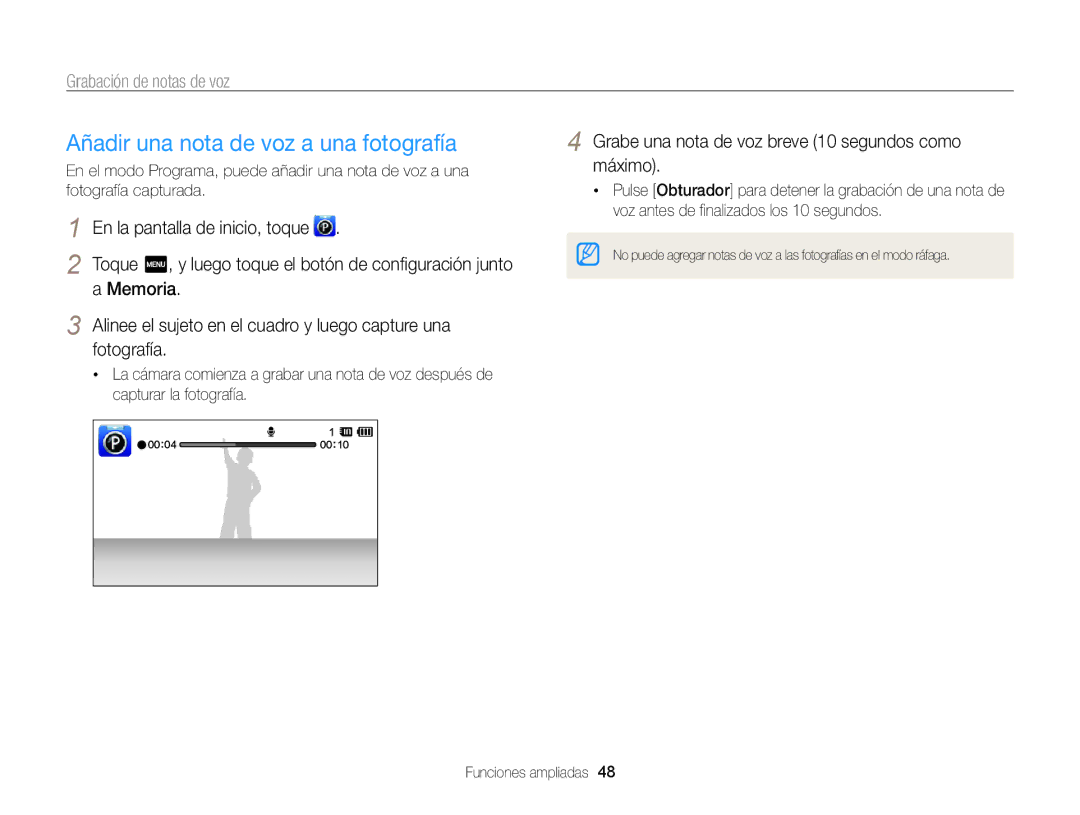Samsung EC-ST95ZZBPLE1, EC-ST95ZZBPPE1 manual Añadir una nota de voz a una fotografía, Grabación de notas de voz, Memoria 