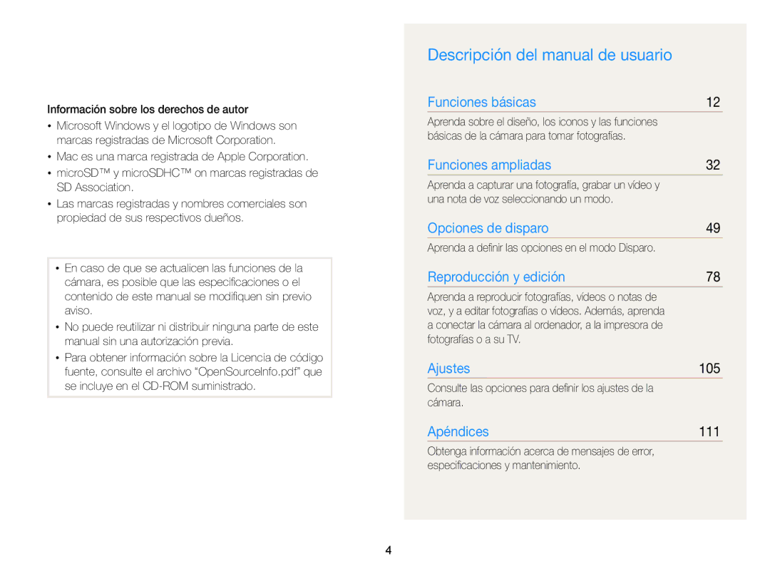 Samsung EC-ST95ZZBPLE1, EC-ST95ZZBPPE1, EC-ST95ZZBPBE1, EC-ST95ZZBPOE1 Descripción del manual de usuario, 105, 111 