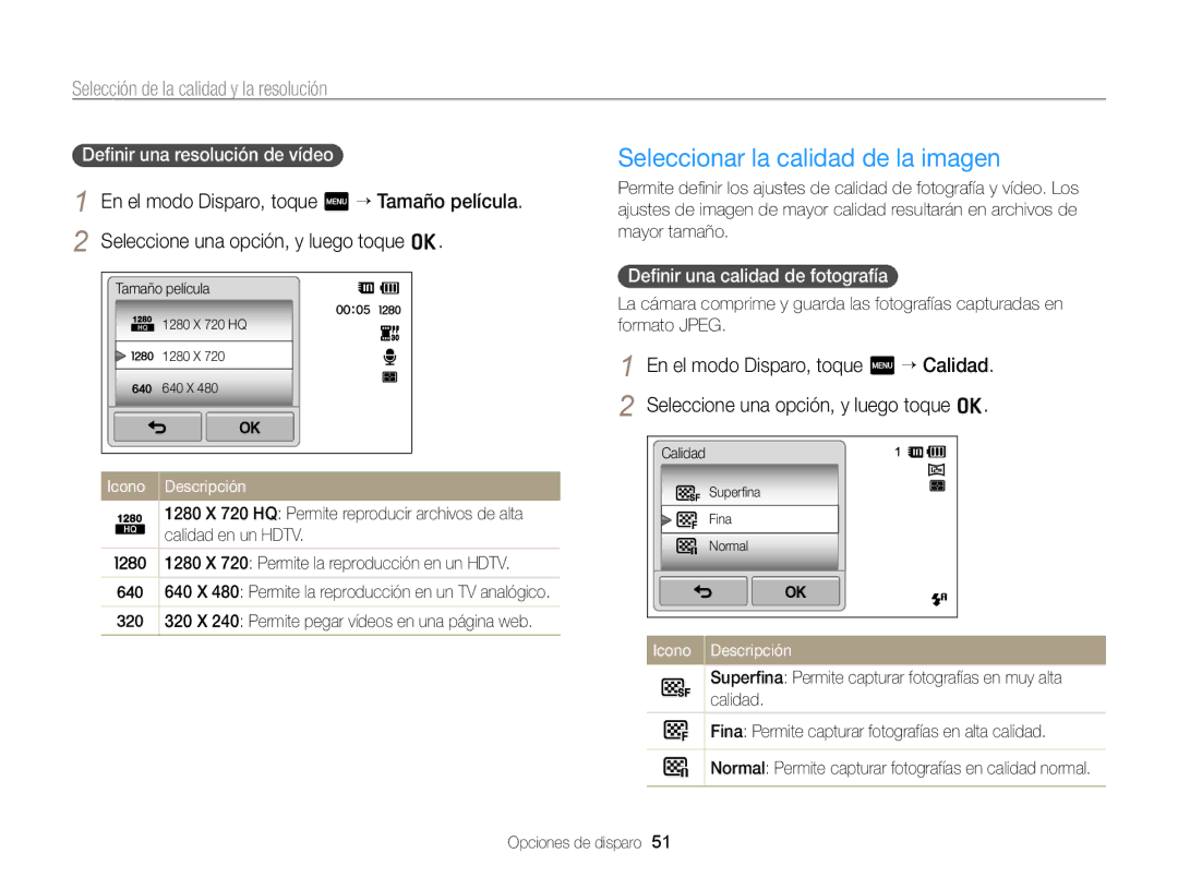 Samsung EC-ST95ZZBPPE1, EC-ST95ZZBPLE1 manual Seleccionar la calidad de la imagen, Selección de la calidad y la resolución 