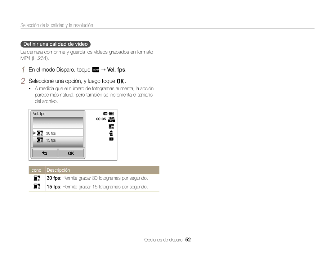 Samsung EC-ST95ZZBPLE1, EC-ST95ZZBPPE1, EC-ST95ZZBPBE1, EC-ST95ZZBPOE1 manual Deﬁnir una calidad de vídeo 