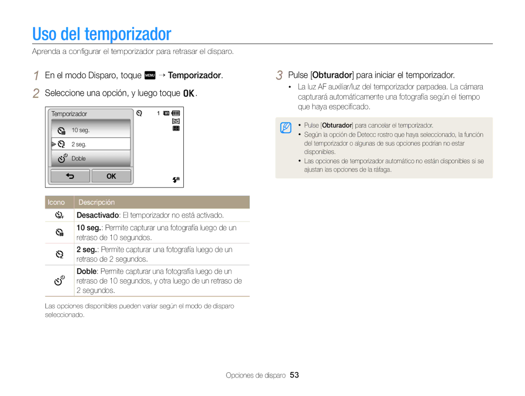 Samsung EC-ST95ZZBPBE1, EC-ST95ZZBPPE1 manual Uso del temporizador, Pulse Obturador para iniciar el temporizador, Icono 