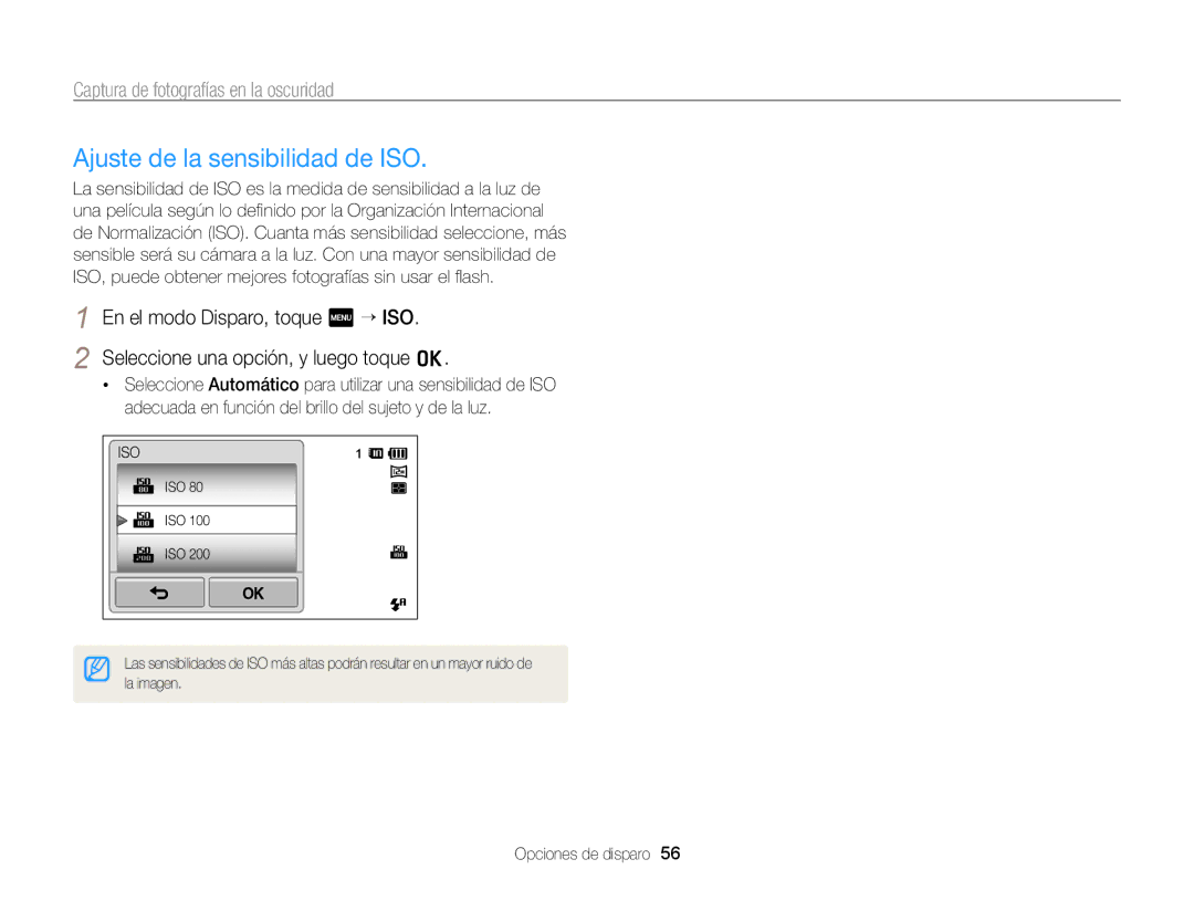 Samsung EC-ST95ZZBPLE1, EC-ST95ZZBPPE1, EC-ST95ZZBPBE1, EC-ST95ZZBPOE1 manual Ajuste de la sensibilidad de ISO 