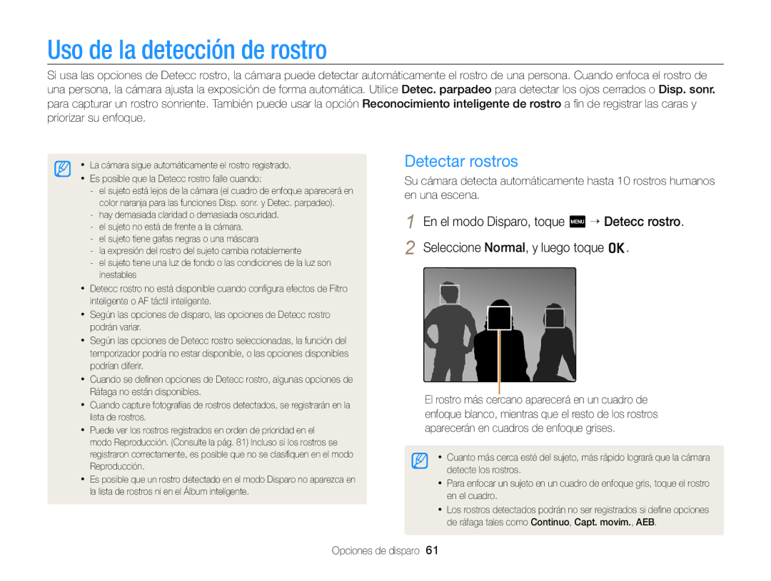 Samsung EC-ST95ZZBPBE1, EC-ST95ZZBPPE1, EC-ST95ZZBPLE1, EC-ST95ZZBPOE1 manual Uso de la detección de rostro, Detectar rostros 