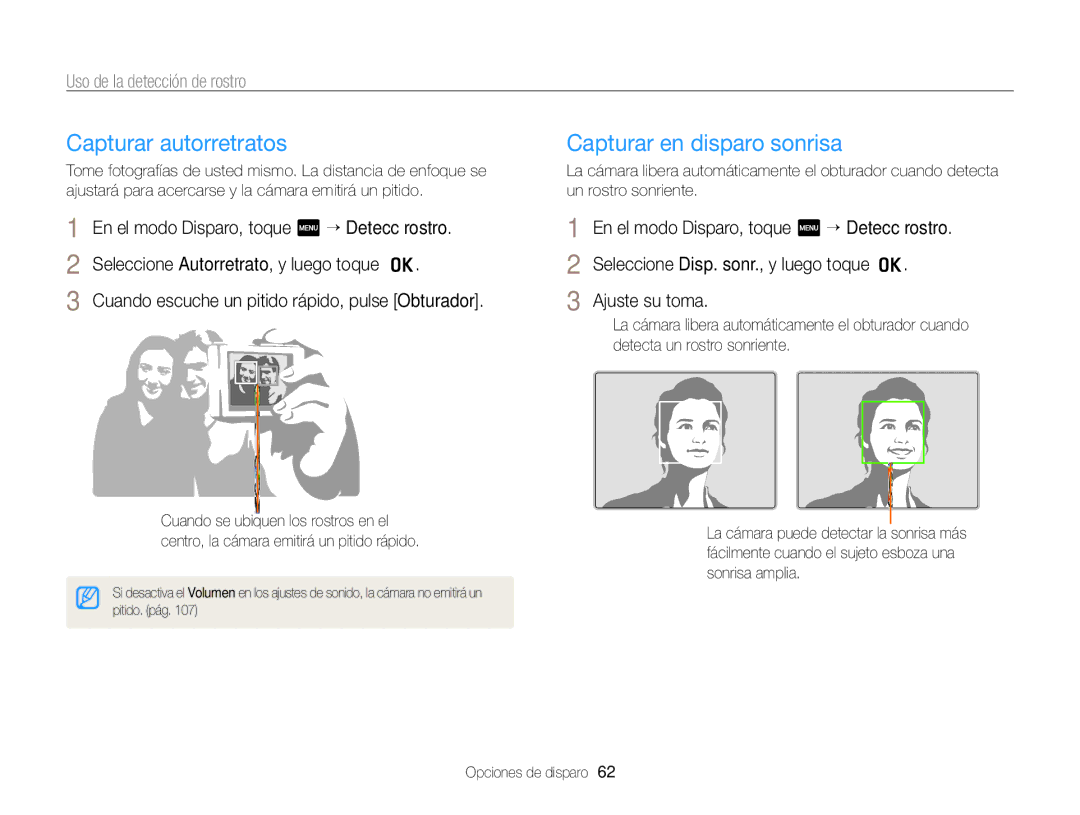 Samsung EC-ST95ZZBPOE1 Capturar autorretratos, Capturar en disparo sonrisa, Uso de la detección de rostro, Ajuste su toma 