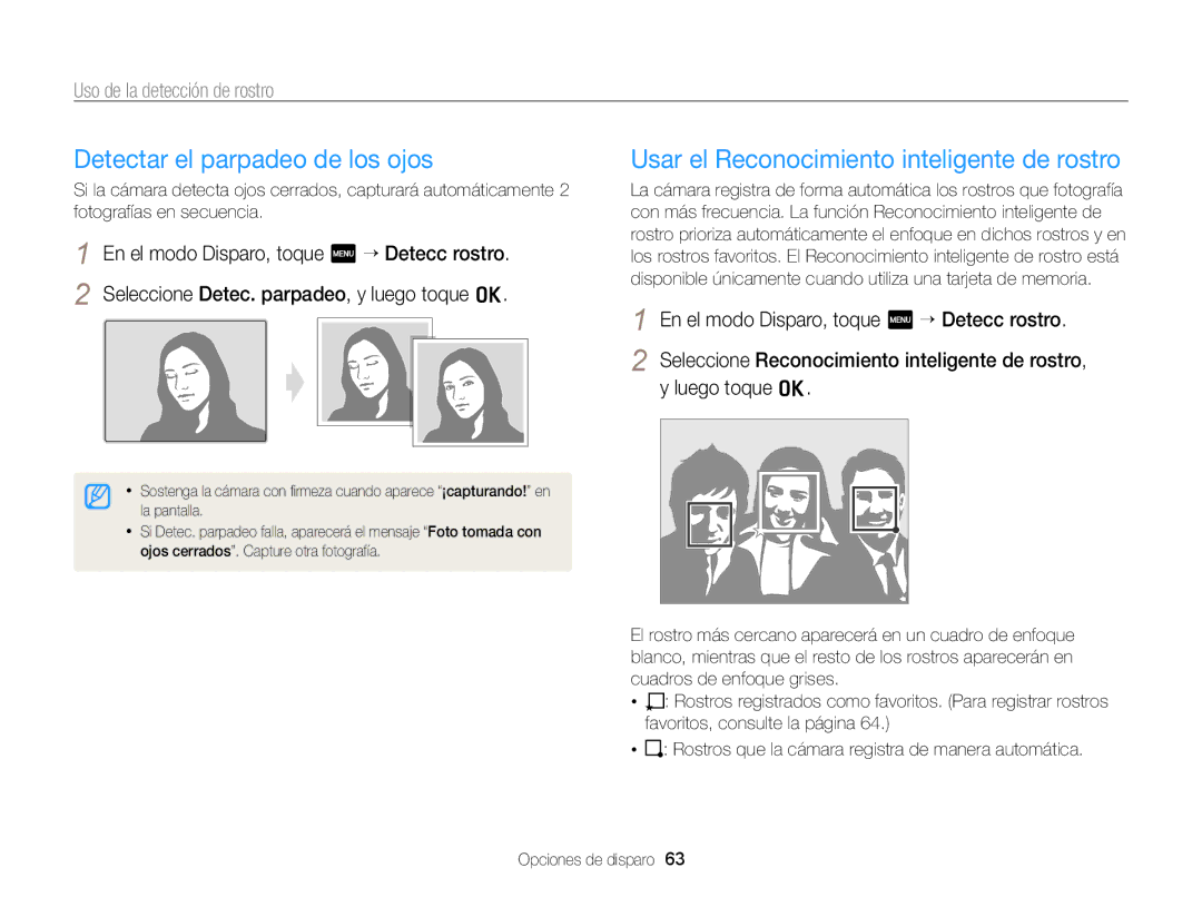 Samsung EC-ST95ZZBPPE1, EC-ST95ZZBPLE1 manual Detectar el parpadeo de los ojos, Usar el Reconocimiento inteligente de rostro 