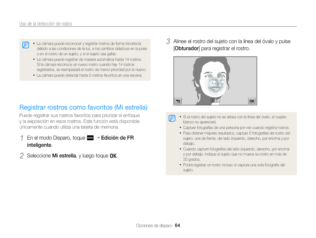 Samsung EC-ST95ZZBPLE1, EC-ST95ZZBPPE1, EC-ST95ZZBPBE1, EC-ST95ZZBPOE1 manual Registrar rostros como favoritos Mi estrella 