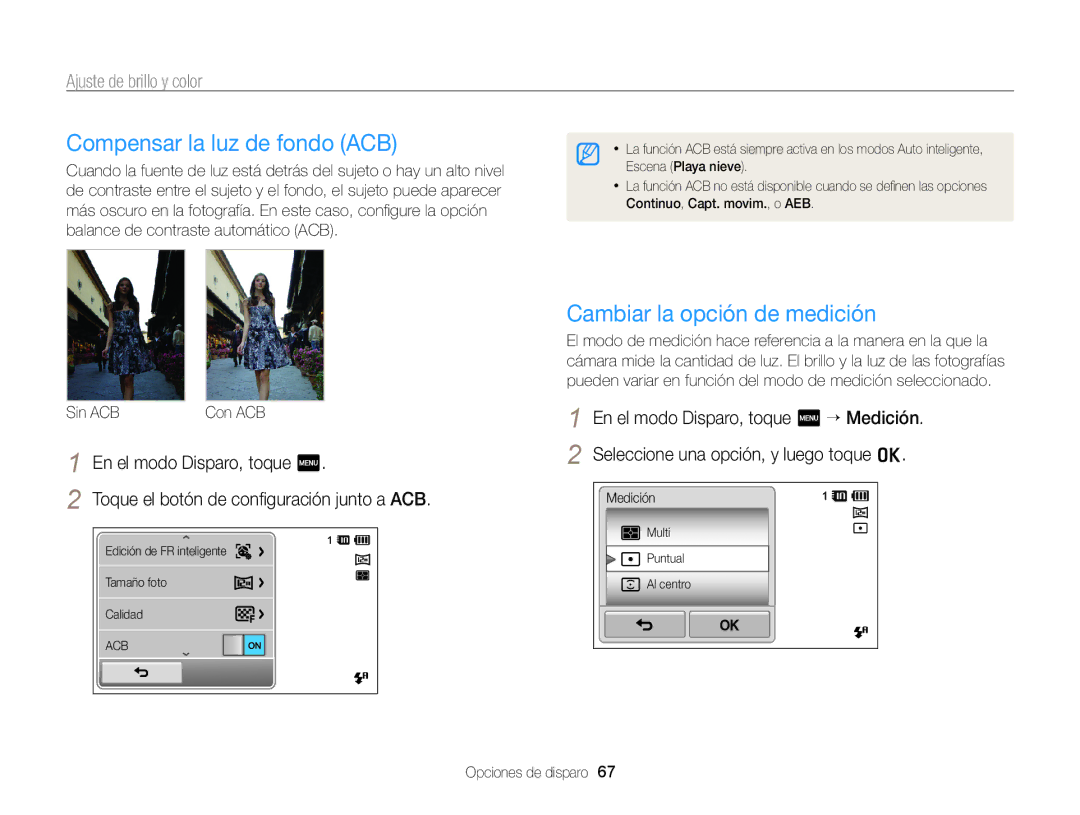 Samsung EC-ST95ZZBPPE1, EC-ST95ZZBPLE1, EC-ST95ZZBPBE1 manual Compensar la luz de fondo ACB, Ajuste de brillo y color 